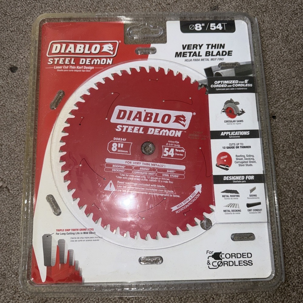Diablo D0854F 8" X 54 Tooth‎ Carbide Steel Very Thin Metals Circular Saw Blade